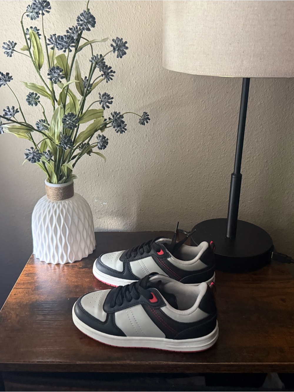 Kids Black and White Sneakers with Pink Accents